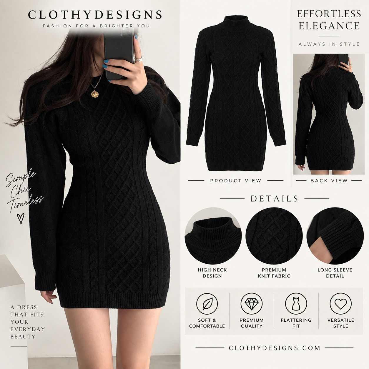 Women’s Twist Knit Backless Mini Dress – Long Sleeve Fall & Winter Elegant Sweater Dress